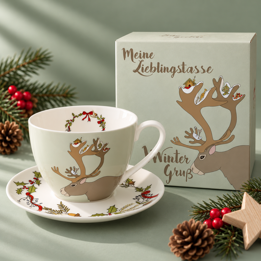 Bone china and saucer cup winter happiness